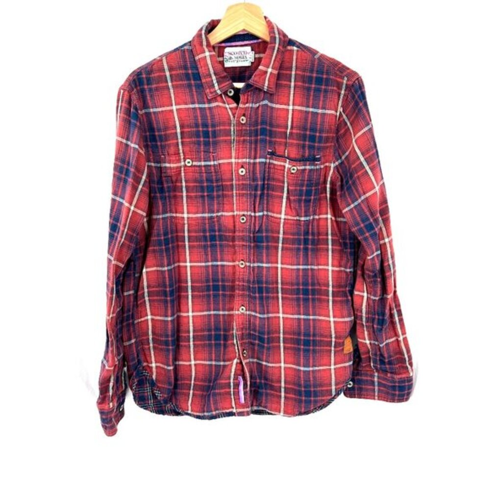 Scotch & Soda amsterdam gauze plaid button front shirt red blue cotton classic M